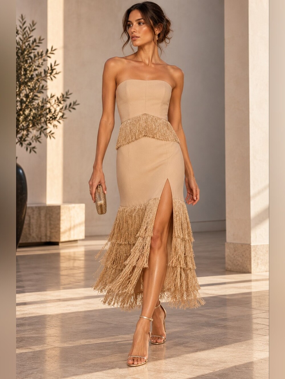 Jonathan Simkhai Nude Fringe Strapless Midi Dress NWT 2